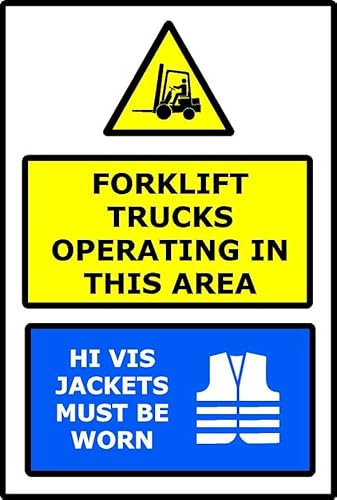 Forklift Trucks in Operation Hi Vis Must Be Worn Yellow+Blue Mandatory PPE Warning Sign - Vinyl Sign for Warehouses, Industrial Sites, Logistics (Yellow/Blue, 40 x 30cm)