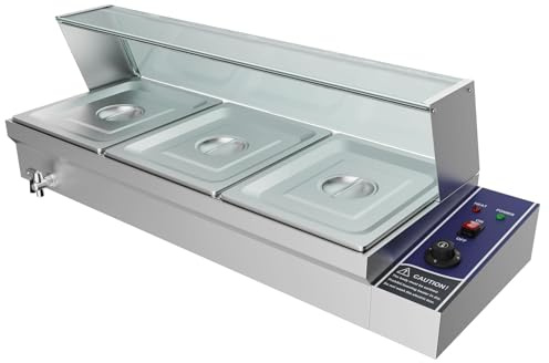 TAIMIKO Bain Marie Electric Food Warmer 1500W Commercial Stainless Steel Buffet Wet Well Sauce Drain Tap Gastronorm Container Catering Restaurants 30-85°C (3 x1/2 GN Pans,With Glass)