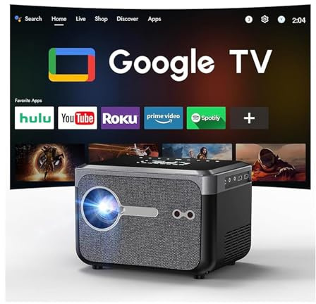 Tragbarer 4K Smart Beamer mit Google TV, 1200 ANSI Beamer Heimkino | Led smarter Projektor mit Play Store, MEMC , Dolby Audio, NFC & Bluetooth für für Filme, Gaming drinnen und draußen.