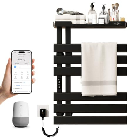 WRJAHCG Termoarredo Elettrico Bagno da Parete Controllo Vocale,Scaldasalviette Elettrico Bagno Smart WiFi,Porta Asciugamani Bagno con Timer E Termostato,Termosifone 6 Barre,197W,Nero