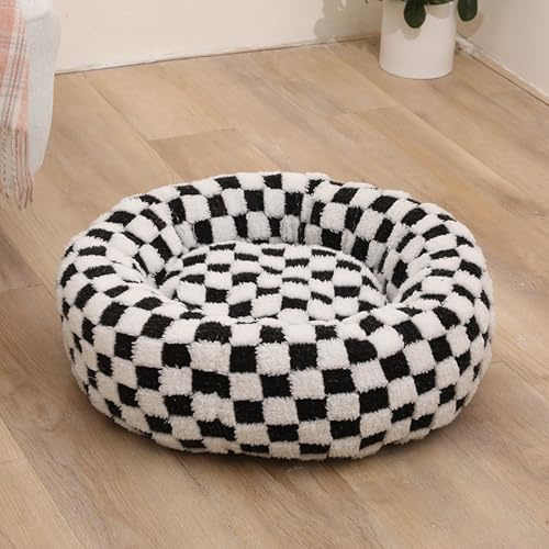 Xiyocadt Hundekörbchen Waschbar, Abnehmbare katzenkörbchen, Plüsch Hundebett Donut, Katzenbett für Haustiere Aller Größen (Schwarz-Weiß,50x50x18 cm)