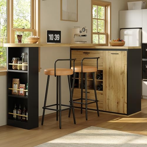 Mesa de bar extensible, mesa de cocina, isla de cocina, 2 cajones grandes, 1 estante para vino y 1 compartimento de almacenamiento separado, estantes abiertos, para cocina, comedor, oficina en casa