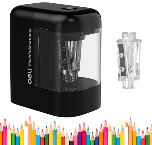 deli Mini Electric Pencil Sharpener, Battery Operated, 6.5-8mm Pencils | Portable Automatic Electric Pencil Sharpener for Kids, Compact for Classroom, School & Home Office, Black