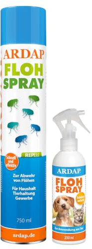 ARDAP Floh Set: Flohspray zur Anwendung am Tier 250ml + Flohspray für Wohnung und Möbel 750ml - Bis zu 4 Wochen Schutz vor Flöhen, Zecken, Läusen & Milben, Alternative zum Fogger (PT19)