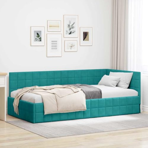 Teenpull Eckbettgestell mit Kopfteil Türkis Samt 90 x 200 cm L-förmiges Bettgestell mit Lattenrost Metallbett für Schlafzimmer Gästezimmer Jugendzimmer