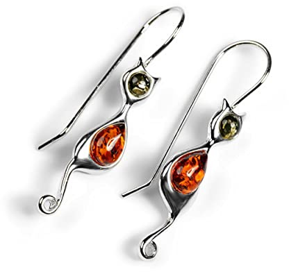 Ambre de la Baltique classique de couleur argent et Multi Ambre Cat Boucles d'oreilles