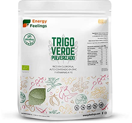Energy Feelings Hierba de Trigo Eco Pulverizada - 1000 g, Vegana y Ecológica, Rica en Hierro, Sin Lactosa, Sin Gluten, Sin Azúcar Añadido, Ideal para Ensaladas y Bebidas, color Verde, Pack XXL