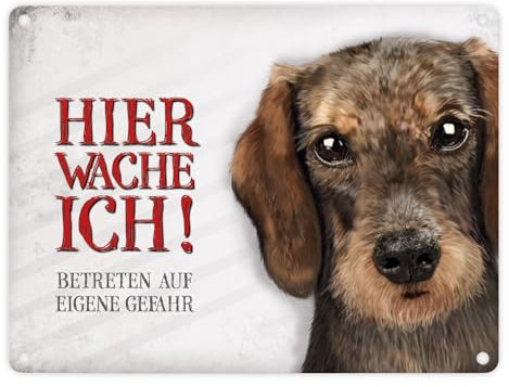 Metallschild mit Dackel Motiv und Spruch: Betreten auf eigene Gefahr - Hier wache ich!