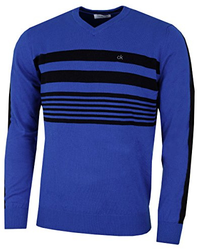 Calvin Klein Mens V Neck Performance Soft Chest Stripe Sweater