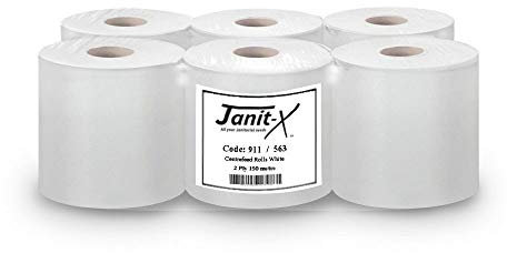 Janit-X Eco Kitchen Rolls Centrefeed | 2 Ply 6 Pack Embossed Pattern Paper Towels | Strong and Absorbent Tissue Paper | UK Supplier | Wipe Away | Perfect for Commercial & Kitchen Use (6 Rolls, White)