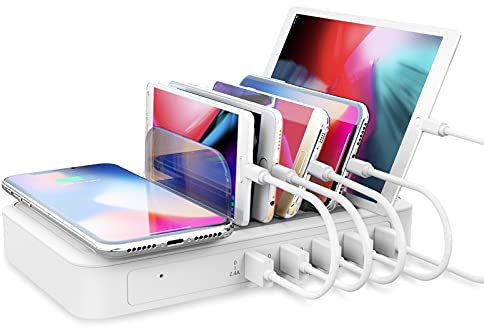 TechDot Ladestation Mehrere Geräte mit Induktives Kabellos Ladegerät Wireless Charger 5 Port Charging Station Multi USB Ladestation Handy Tablet mit Kabellos Induktives (5 Kabel, 3 typ)