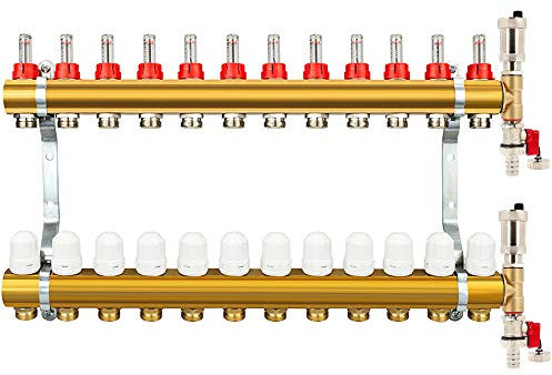 Millto™ Messing Heizkreisverteiler Fußbodenheizung 12 Heizkreise | Verteiler Entlüftungsset Automatische Entlüftung Flowmeter Thermostatventil