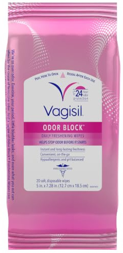 Vagisil Odor Block Daily Freshening Wipes for Feminine Hygiene in Resealable Pouch, Gynecologist Tested & Hypoallergenic, 20 Wipes (Pack of 1)