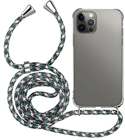 MyGadget Funda para iPhone 12 Pro MAX - Carcasa con Cuerda en Silicona TPU Suave con Cordón - Case y Correa Adjustable - Negro Camuflaje