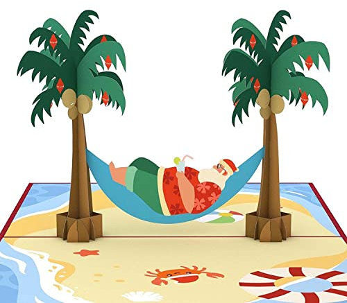 Lovepop® 3D Pop-Up Karte Weihnachten lustige Weihnachtskarte Santa Weihnachtsmann in Hängematte Strand | mit Versteckfach für Geldgeschenke & Gutscheine | inkl. Umschlag | Ausziehbare Notiz