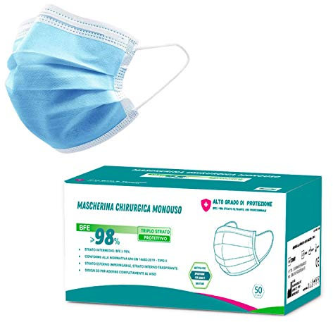 Mascherina Chirurgica Per uso Medico - Ospedaliero 3 Strati con Stringi Naso Tipo II Dispostivo Medico, filtrazione batterica (BFE), (%) ≥ 98 conformi alla norma UNI EN 14683:2019 – Tipo II