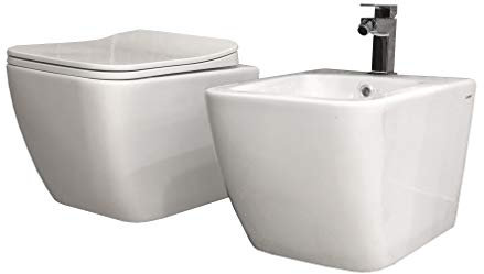 Spülrandloses hängendes Sanitär-Set in quadratischem Design, platzsparende Maße mit soft-close WC-Sitz
