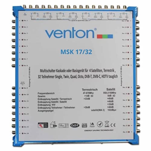 Venton Sat Multischalter 17/32 MSK I Multiswitch Kaskade für 32 Teilnehmer I Sat-Verteiler 17 Eingänge 32 Ausgänge - Full HD-TV 4K 3D I Empfang digitaler & terrestrischer Signale I inkl Netzteil