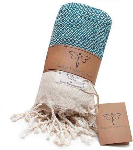 Smyrna türkische 100% Baumwolle Vintage Kuscheldecke | Beste Qualität | Große 152 x 205 cm Kuscheldecke | Hergestellt in der Türkei |Maschinenwaschbar | Premium Luxus Badetuch & Picknickdecke- Petrol