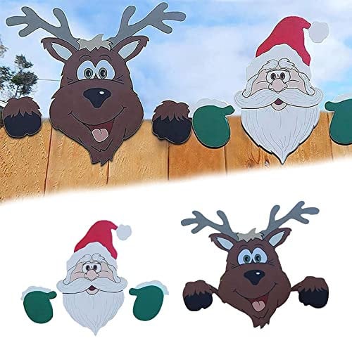 Outdoor Christmas Decorations, Funny Reindeer and Christmas Santa Peeker Yard Sign for Garden Fence Decorations, Xmas Décor Ornaments Party Decor for Yard Patio Indoor Wall(2 PCS)