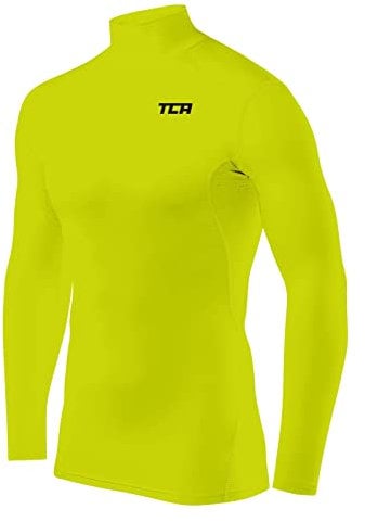 TCA Men's HyperFusion Compression Base Layer Top Long Sleeve Under Shirt - Mock Neck - Lime Punch Mock, S