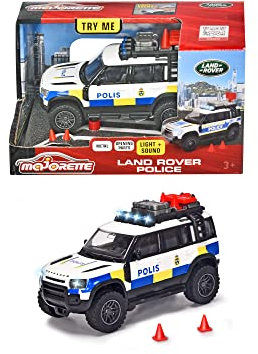 Majorette 213712000033 - Grand Series - Land Rover Coche de policía Sueco - Coche de policía en Modelo Sueco con Rueda Libre, Metal, luz, Sonido, Puerta Trasera Abierta, neumáticos de Goma Blanda,