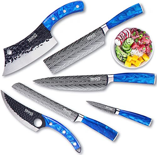 JIKKO® Nouvelle Gamme de Couteaux Japonais en Acier Carbone Renforcé VG-10 - Modèle DiamondRazor Bleu Ocean - Couteaux de Cuisine Professionnel Premium avec Tranchant d'Exception