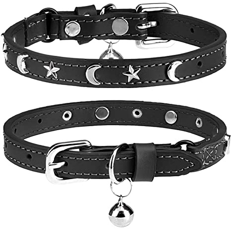DILLYBUD Leather Cat Collars for Boy Girl Cats with Bell and Safety Elastic Belt, Personalized Star and Moon Stud Adjustable Safe Buckle Collar for Kitty Small Big Cats Size 8-12 Inch, Black