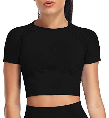 Yaavii Sport Oberteile Damen Kurzarm Gym T-Shirts Bauchfrei Crop Top Fitness Schwarz S