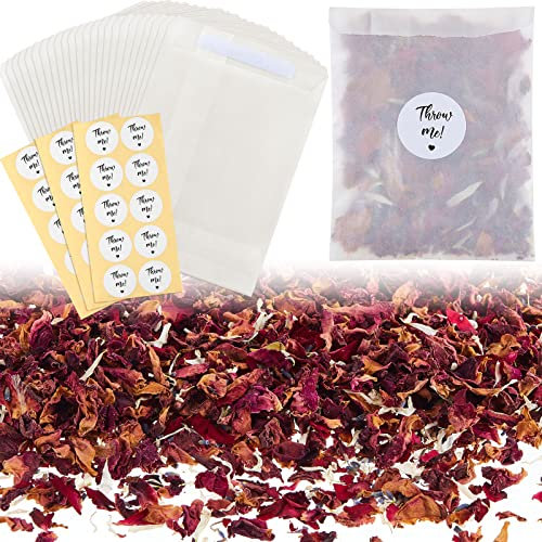 Tenare 50 Sets Hochzeit Konfetti Taschen Set für 45-50 Gäste inklusive Natürliches Getrocknetes Blumen Konfetti Getrocknete Rosenblätter Pergamin Papierbeutel Aufkleber für Jubiläum (Klassisch)