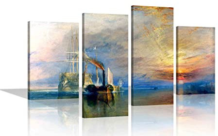 The Fighting Temeraire by William Turner Canvas Pictures 4 Panel Framed Artwork Prints For Home Living room Bedroom 170cm x 101cm (67x40)