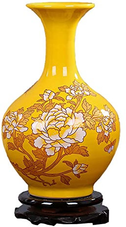 ZEALMAX Vase en céramique de style chinois, vase à fleurs décoratif pour table, étagère, salon, décoration d'intérieur, jaune