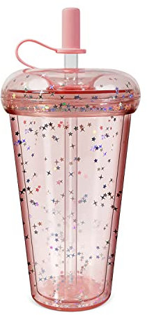 CUJIM Reusable Donut Straw Cup with Lid - 15oz Double Walled Plastic Tumbler Travel Iced Coffee Mug Clear Smoothie Milkshake Bottle Cold & Hot Drink Water Cup Bubble Tea Go Cup for Kids Adults