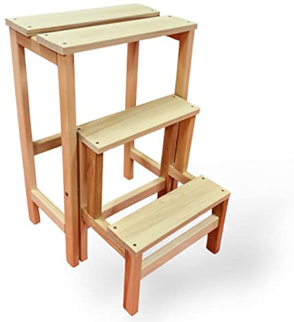 INTEC - Escabeau Tabouret Marchepied 3 marches pliantes Bois massif 2en1