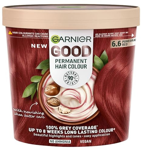Garnier GOOD Permanent Hair Dye, 100% Grey Coverage & 8-Weeks Long Lasting Hair Colour, No Ammonia, Vegan Shea Butter Formula, Stress-Free Application, For All Hair Types, (Shade: 6.6 Pomegranate Red)