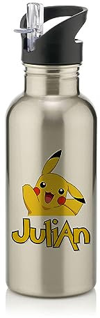 Cartoon Character Gift, Personalised Water Bottle, Gift For Kids, Boy, Girl, Back To School, Stainless Steel 600ml Water Bottle with Straw. (Silver)