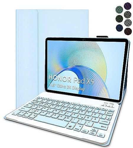 YGoal Teclado Funda para Honor Pad X9, [Teclado Español Ñ] 7 Colors Backlit PU Cuero Funda con Desmontable Wireless Teclado para Honor Pad X8 Pro 11.5, Azul