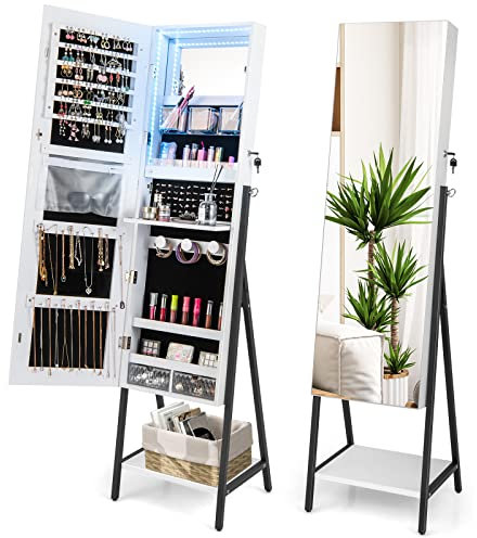 GOPLUS Armoire à Bijoux avec Miroir, Organisateur de Bijoux sur Pied avec Serrure, Espace de Rangement, Lumières LED 3 Couleurs, Miroir Intérieur, pour Boucles d'Oreilles, Bagues, Collier (Blanc)