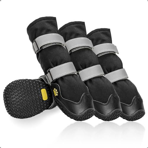 OHCOZZY Anti-Rutsch Hundeschuhe mit reflektierenden Riemen wasserdicht, verschleißfeste Leder Gummisohle Hundeschuhe Pfotenschutz fürkleine, mittlere und große Hunde 4 Stück(Größe M, Schwarz)