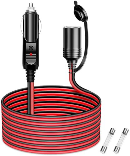 WOWLED 13FT 14AWG Car Cigarette Lighter Extension, 12v/24v Extension Lead with LED Light, max.180W Car Charge Cigarette Lighter Extension Cable Male to Female Socket, 15A Fuse