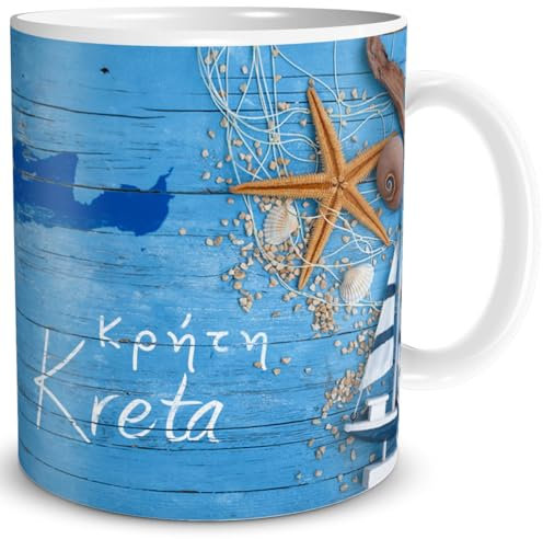 TRIOSK Tasse Kreta Griechenland Insel Souvenir Geschenk Mediterran für Reiselustige Weltenbummler Frauen Männer Büro Kollegen, Keramik 300ml