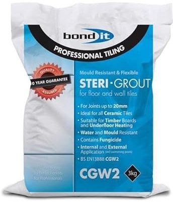 Bond it STERI-GROUT Mould Resistant Flexible Floor & Wall Tile Grout Kitchen Bathroom Hygienic Steri 3KG Colours (White)