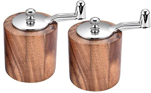 Bcowtte 2 x Pepper Mill, Wooden Pepper Mill with Manual Crank with Classic Handle and Adjustable Ceramic Rotor