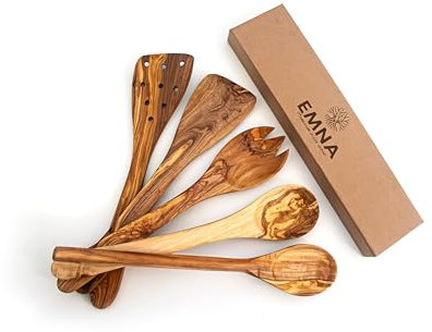 EMNA Set di cucchiai in legno d'ulivo, posate da 30 cm, 5 pezzi, cucchiaio da cucina, utensili da cucina in legno d'ulivo, idea regalo, pezzo unico, fatto a mano, artigianato antibatterico, festa