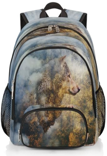 Rucksack, Motiv: Herbstwald, Wolf, große Kapazität, Schulrucksack, Büchertasche, Rucksack, Wolf-Muster, Rucksack, Wandern, Reisen, lässiger Laptop-Tagesrucksack für Kinder, Jungen, Mädchen, Männer,