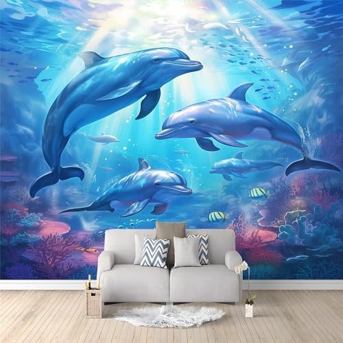 Fototapete Selbstklebend Tapete Unterwasser Tier Delphin kleister Vlies Tapeten Moderne Wandtapete Wohnzimmer Schlafzimmer Study Wohnzimmer Restaurant Cafe Dekoration 400 x 280 cm Fototapete 3d Effekt