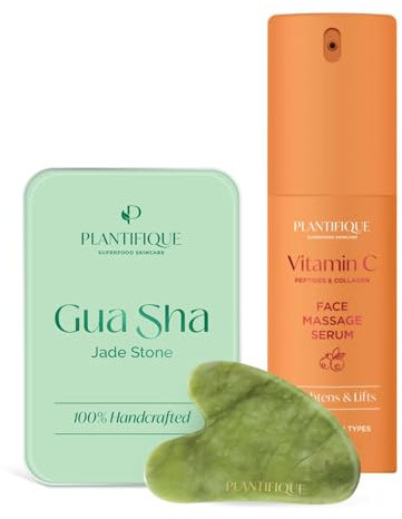 Plantifique Vitamin C Serum Gesicht Korean Skin Care - Gesichtspflege Pigmentflecken, 30 ml & Jade Gua Sha Stein für Gesichtsmassage - Massagesteine für die Lymphdrainage