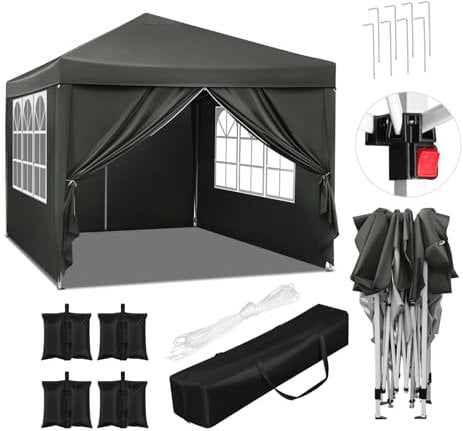 WOLTU Pavillon mit 4 Seitenteilen und 4 Sandsäcke, Faltpavillon 3x3m, Gartenpavillon wasserfest stabil UV-Schutz, Pop Up Partyzelt Outdoor, höhenverstellbar, mit Tragetasche, Grau
