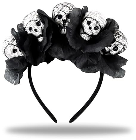 Totenkopf Haarreif, delly Blumen Haarreif Tag der Toten, Haarband mit Schwarzen Rosen, Haarschmuck Halloween Haarreifen, Haarkranz Blumen Schwarz, Kopfschmuck für Fasching
