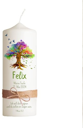 Taufkerze | Lebensbaum bunt | 15-30 cm Höhe | Personalisierte Kerze | Jungen und Mädchen | Evangelisch | Katholisch